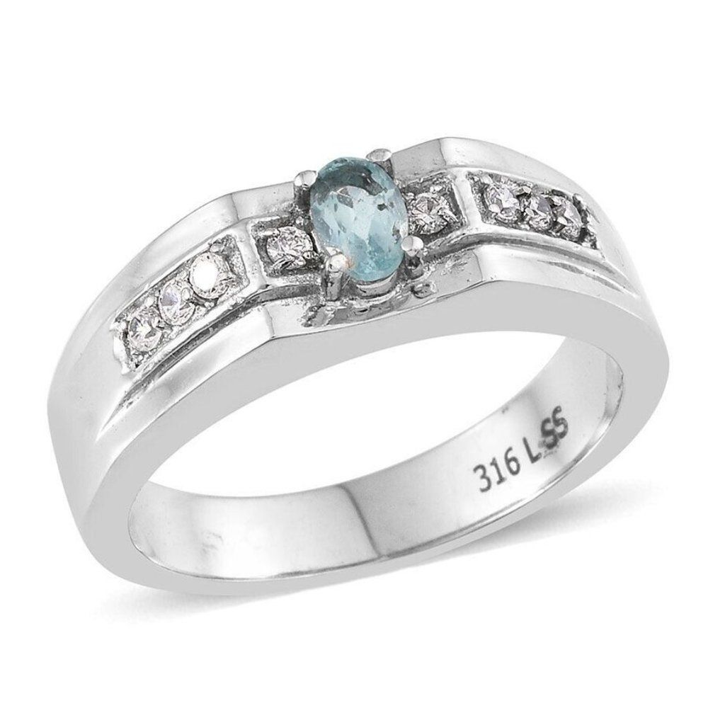 Madagascar Paraiba Apatite Simulated Diamond Stainless Steel Ring Size 14